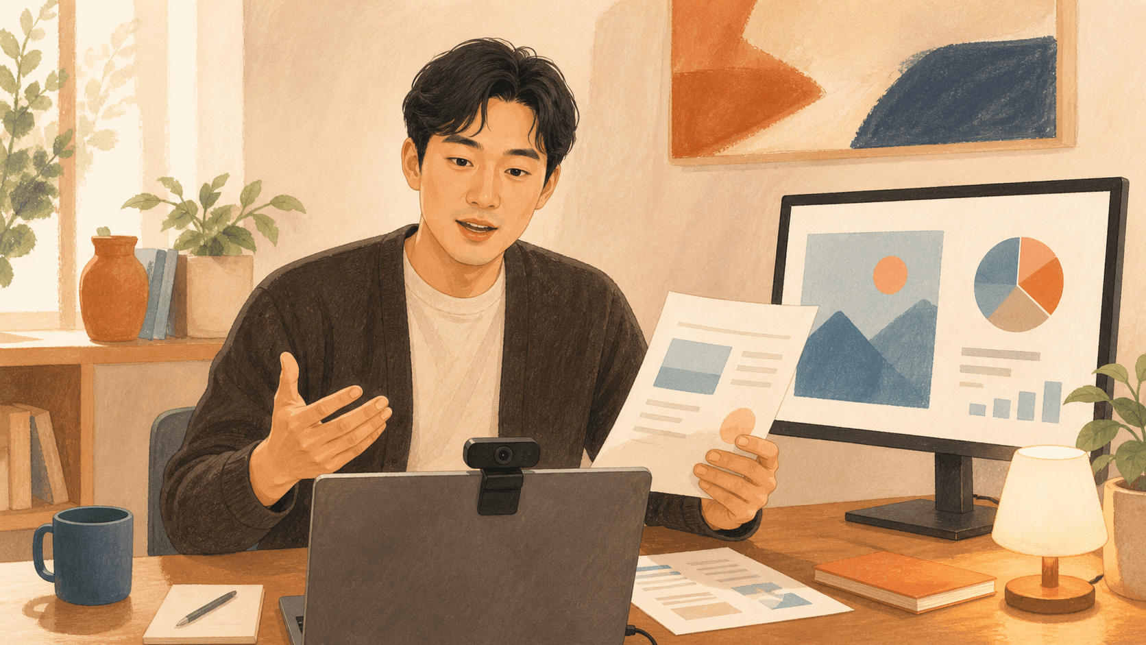 창업자가 카메라 앞에서 발표를 리허설하는 일러스트