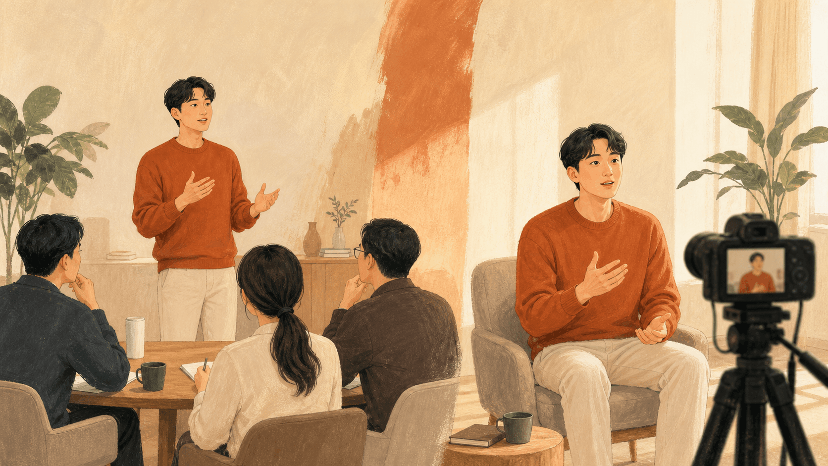 정부지원사업 발표를 여러 번 연습하는 창업자 일러스트