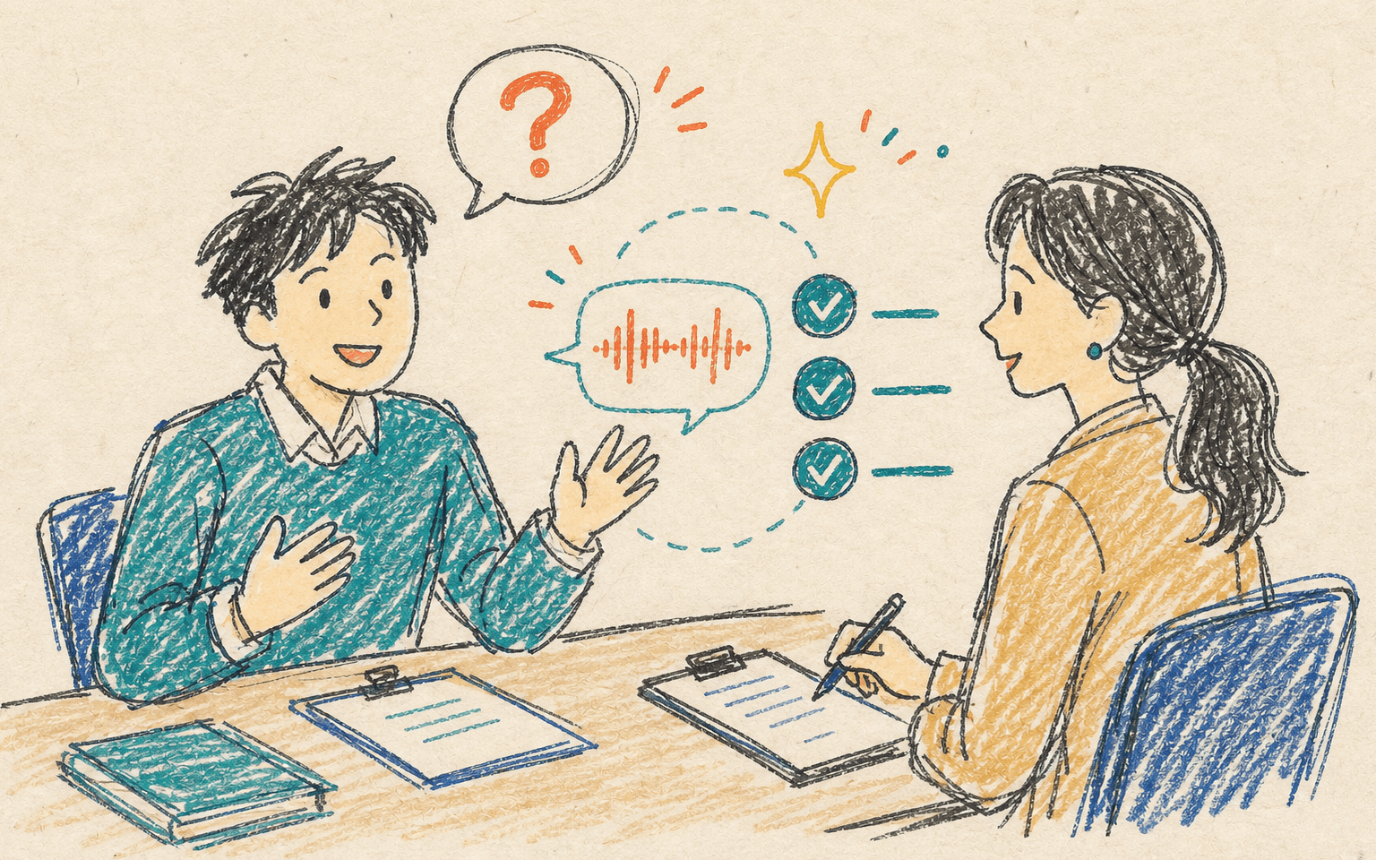 면접 질문과 답변 평가를 크레용 낙서로 표현한 그림