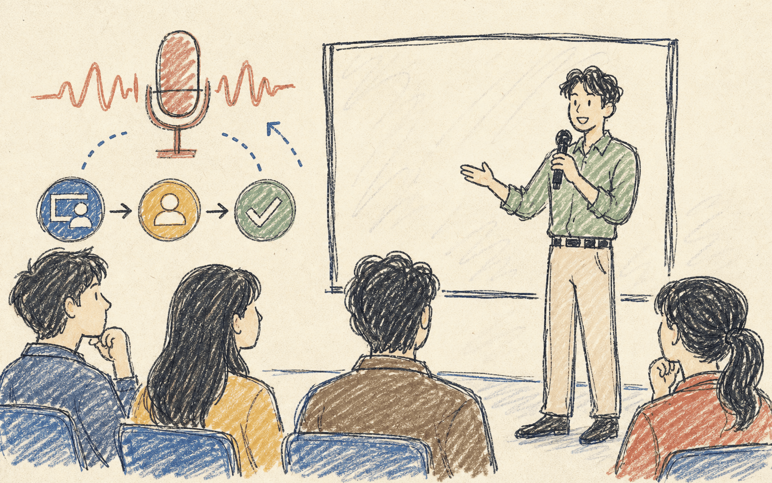 발표 장면과 전달력 평가를 크레용 낙서로 표현한 그림