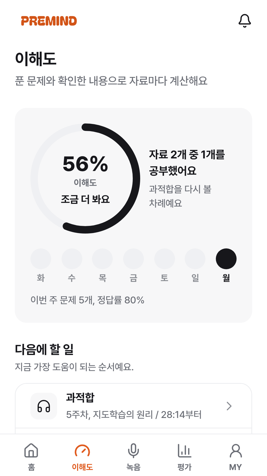 PREMIND 앱 이해도 화면