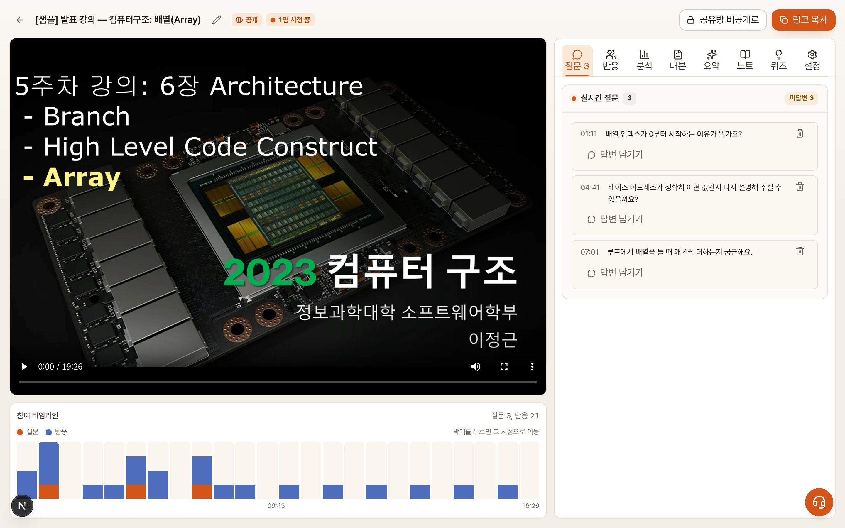 PREMIND 강의자 콘솔 — 영상과 참여 타임라인, 질문, 반응, 분석, 대본, 요약, 노트, 퀴즈, 설정 탭
